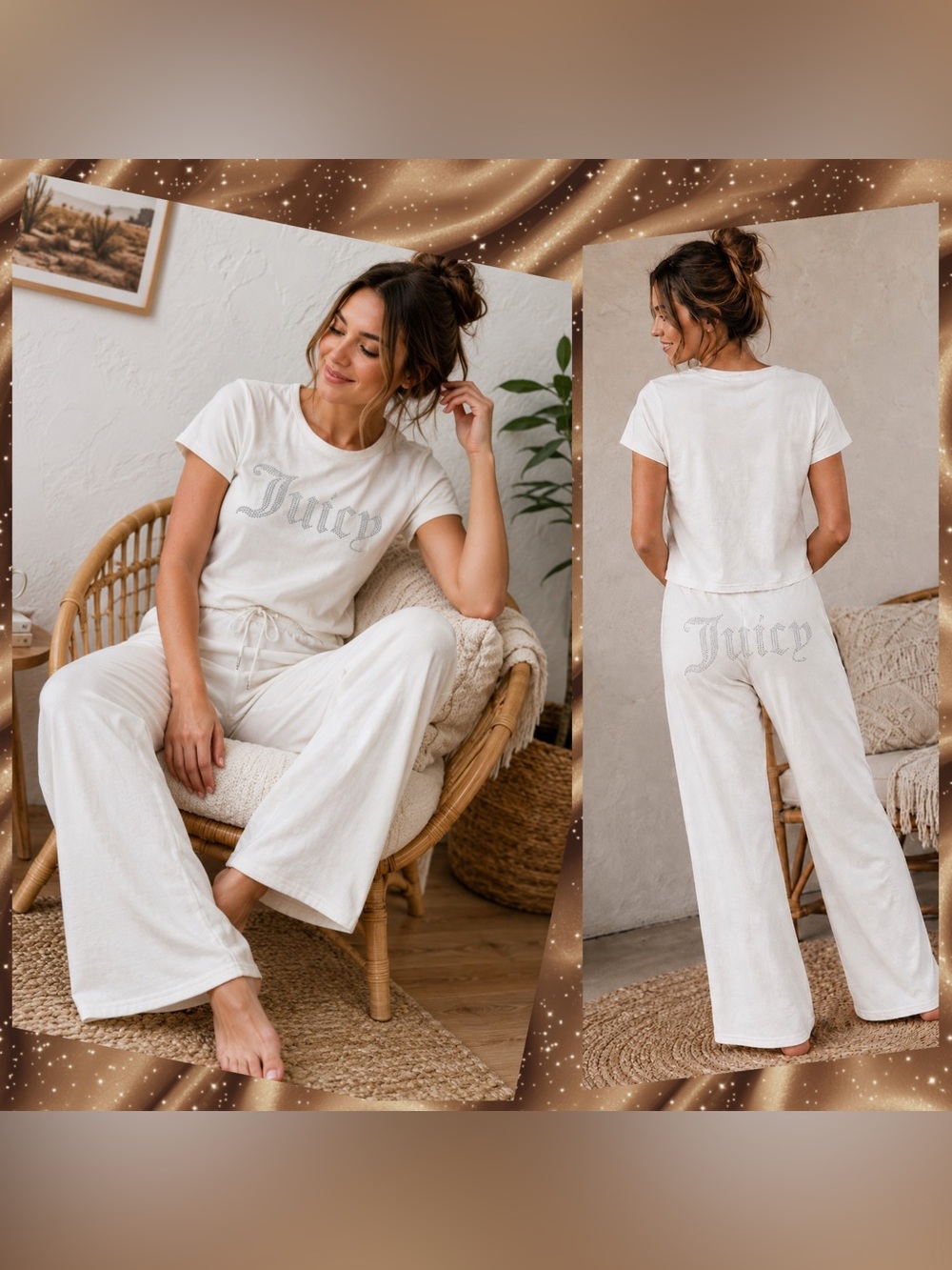 Juicy Couture 2 Pc Velour Lounge Pajama Set Short Sleeve Rhinestone Cozy Size L
